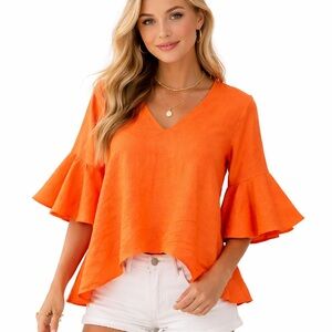 LaRoque Linen Orange Bell Sleeve Top Coastal Chic Preppy Resort Blouse OS